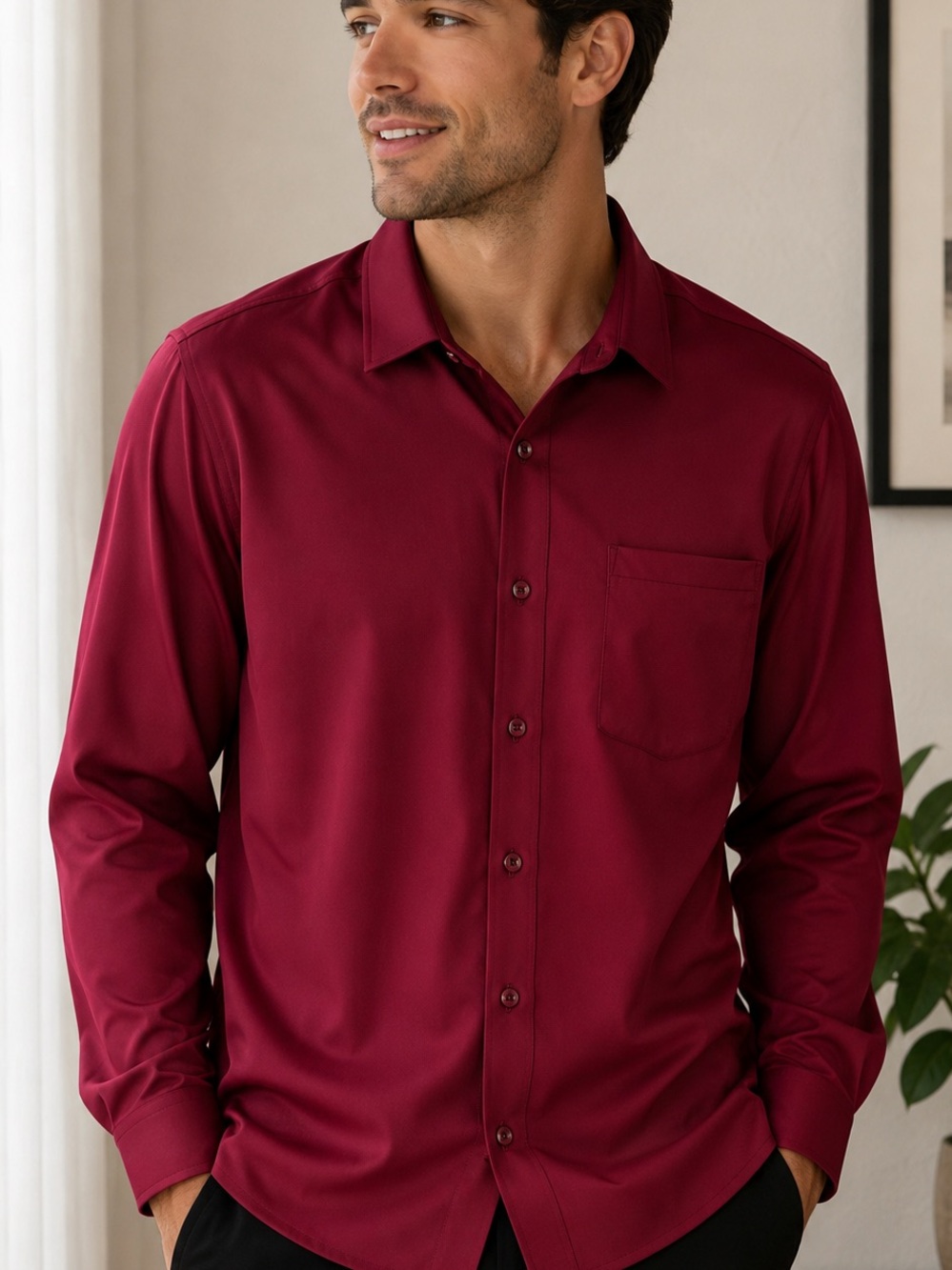Coofandy Men's Long-Sleeve Button-Up Shirt - Burgundy Sz L